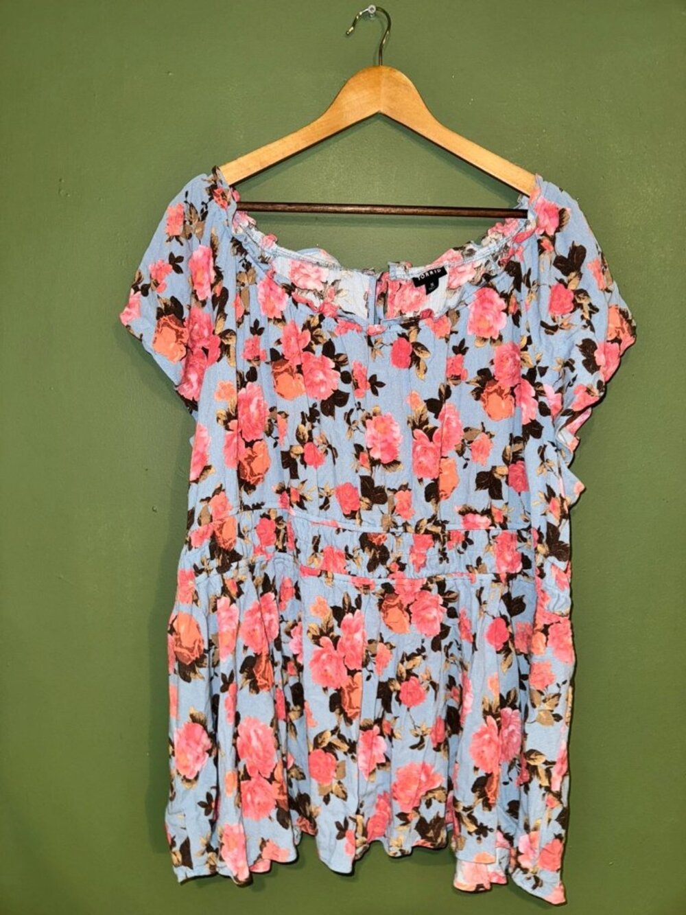 Torrid Blue Pink Floral Off-Shoulder Babydoll Blouse 5X
